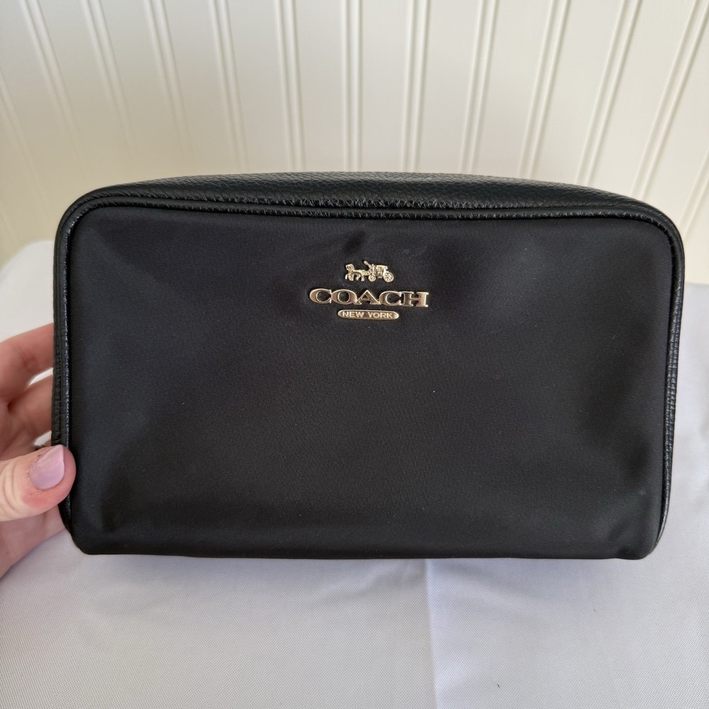 Coach Ellis Medium Nylon Leather Black Gold Cosmetic Case Make Up Bag Pouch